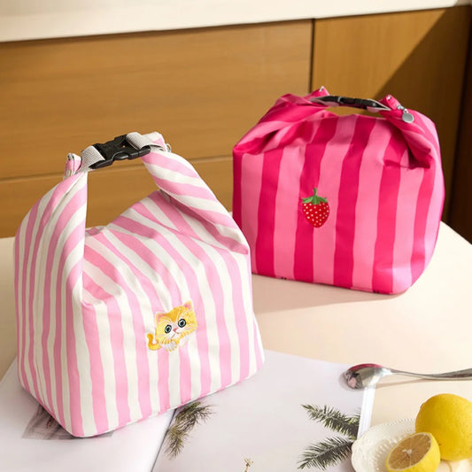 New Pink Striped Strawberry Cat Insulated Cute Lunch Handbag  Large Capacity Folding Roll Bento Bag Picnic Food Fresh Cooler Bag